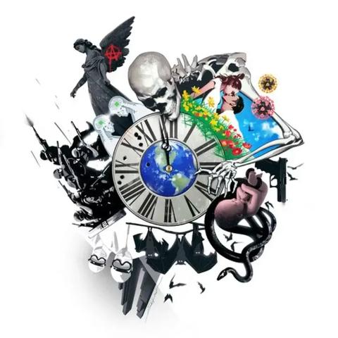 Artistic illustration featuring a surreal and symbolic design. The central element is a large clock with the Earth at its center, surrounded by various dark and mystical figures. A skeletal figure holds the clock, while an angelic being with outstretched wings stands in the background. Additional elements include a snake-like creature, a book filled with vibrant flowers, and a red sun or orb. The composition blends themes of time, mortality, nature, and spirituality, creating a haunting yet visually striking image.