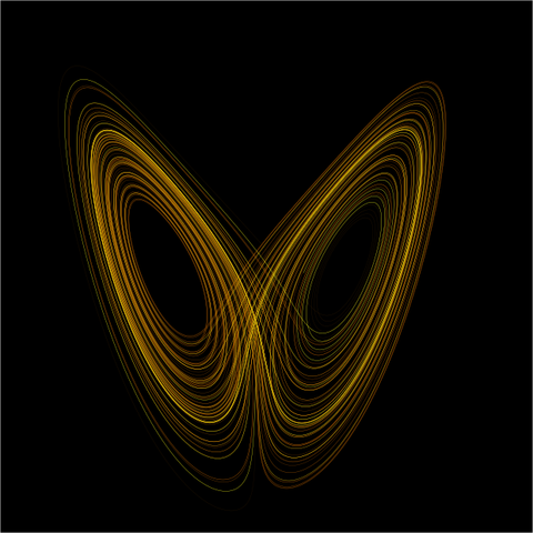 A plot of Lorenz' strange attractor for values ρ=28, σ = 10, β = 8/3. Via Wikipedia.