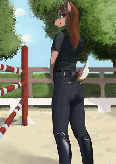 Digital painting of an anthropomorphic wolf as a horse rider standing in a paddock next to a jump