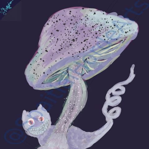 Against a purple background stands a curving pastel purple and blue mushroom. The cap is edged in blue fading to puple in the center. There are black speckles on the cap. It leans to the left displaying some of its underside which are shades of pastel green. The stem is a pastel pink with pale grey green edges. There are white speckles on the stem. Behind the stem is a purple cloudy cat, orange eyes, curly tail and a human like green.
