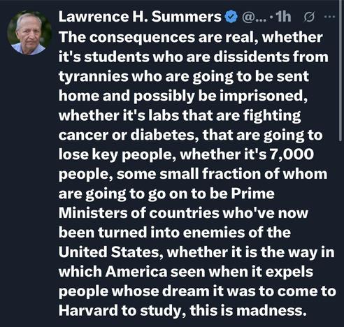 A Twitter post by Lawrence H. Summers discussing the serious consequences faced by students and researchers from oppressive regimes, emphasizing the potential loss of talent and human capital, and critiquing the impact of U.S. policies on international students. An image of Summers…