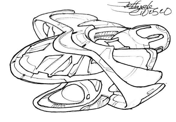 Black and white line art sketch of an imaginative sci fi spaceship. Each one is very different.