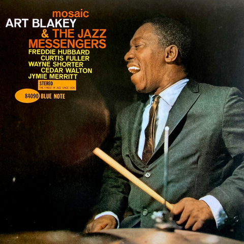Front cover of Mosaic by Art Blakey & The Jazz Messengers. Featuring a besuited Art on the drum kit.