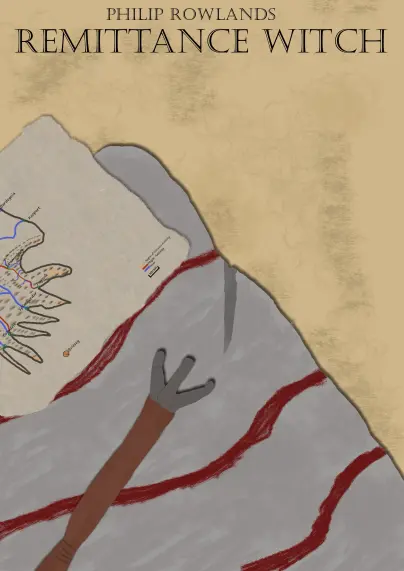 A map and a wand lie on a blanket. The title at the top of the page is "Remittance Witch".