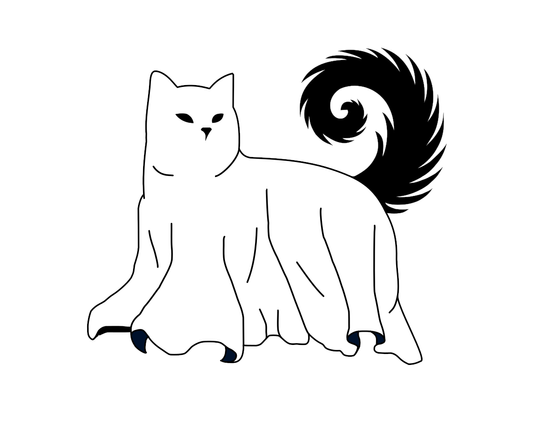 a ghostcat, wearing a ghost cloth looking to the left, bushy tail