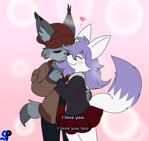 Two anthropomorphic animals hugging and nuzzling their nose together.
Text that reads out, "I love you." and "I love you too."