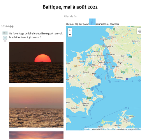 capture d'écran d'une page web. À droite une carte avec un itinéraire sous forme d'une ligne pointillée. À gauche une série de photos avec du texte