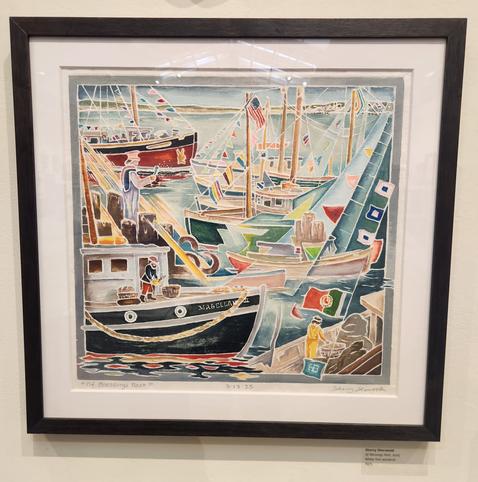 A colorful woodblock print oof a harbor scene with many docked boats. There are people of the closest boats, and many very colorful lines full of banners and flags on most of the ships.