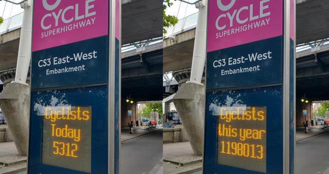 Combo  pictures of the cycleway C3 totem with the electronic display showing the quoted scores