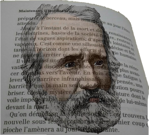 Dessin du visage d'Auguste Blanqui en surimpression sur un passage de "Maintenant, il faut des armes"