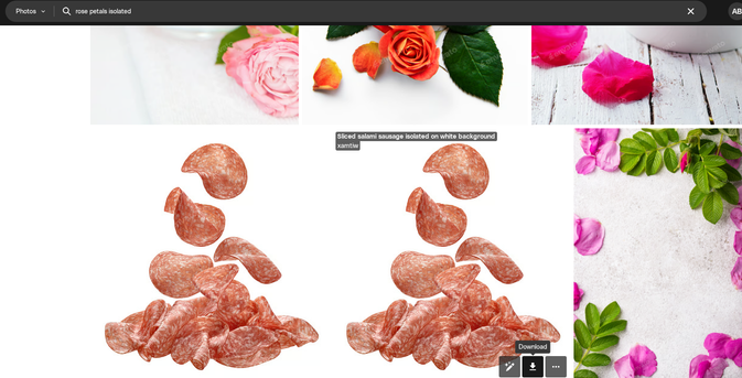 Schermata di un sito di stock photo che mostra i risultati di una ricerca con i termini "rose petals isolated".
Tra i risultati, oltre ovviamente a delle rose di vario tipo e forma ci sono due foto con diversi "petali" di fette di salame.