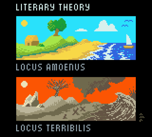 A diagram with a black background, over which two low pixel landscape pictures are represented. The first one, labeled "Locus Amoenus", depicts an idyllic seaside scene with a little house and a tree overlooking a beach and a calm sea, the sky is blue and sunny and there's a boat in the horizon. The second landscape, however, is labeled "Locus Horribilis" and shows us a warlike version of the previous landscape, where the house has been substituted by a ruin, the tree is dead, there are Czech hedgehogs on the beach, the sky is blood red and the sea is full of enormous waves. The diagram is titled "Literary Theory".