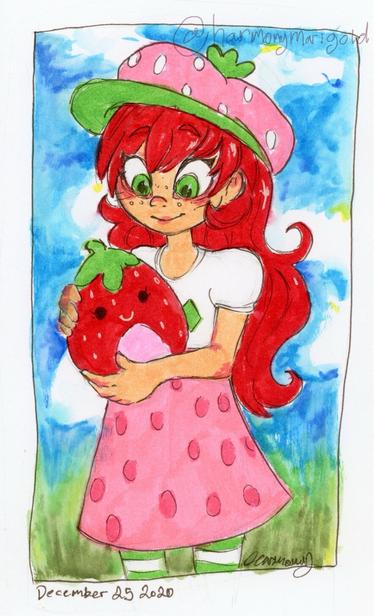 Strawberry Shortcake holding a strawberry squishmallow.