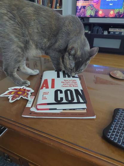 A brown-grey and white cat is on a table inspecting the book "The AI Con". The book is on top of an issue of the Briarpatch magazine. Some coasters can be seen in the table, there is a remote with keyboard keys on the table as well, and there is a TV on in the background.