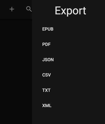 Wallabag export options include epub pdf json csv txt xml