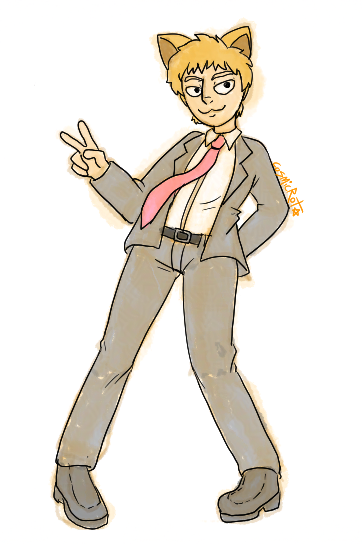 A digital drawing of the character Reigen from the anime Mob Psycho 100. He has orange-ish blonde hair and a smug cat like smile. He's wearing a grey suit with a pink tie and has a relaxed pose.
