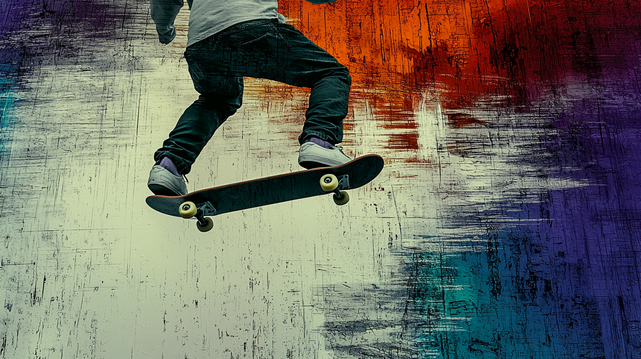 Toile Urbaine.
Skateur en plein saut devant un mur texturé aux couleurs vives et éclatées, capturant l’énergie brute de la rue.
Skater mid-jump in front of a vivid, textured wall, capturing the raw energy of the street.