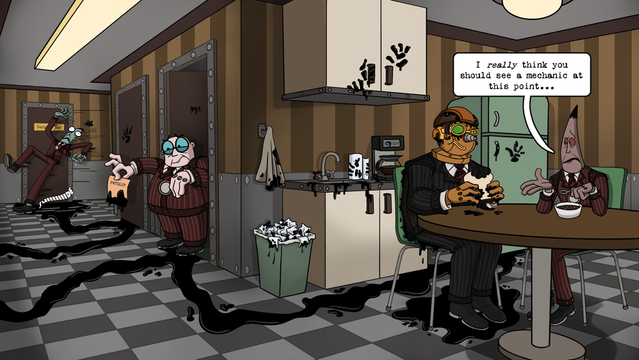 In a Bossbot break room, a long streak of oil trails along the ground from the left to right. A Downsizer slips on an oil puddle, a Flunky holds a payslip dripping with oil in disgust, and the trail continues into the kitchen where stains cover the cabinets, sink, fridge and many more. All of these oil spills lead to Derrick Man, who is eating a sandwich while dripping oil onto the floor around him. A Pencil Pusher, concerned, says "I really think you should see a mechanic at this point...