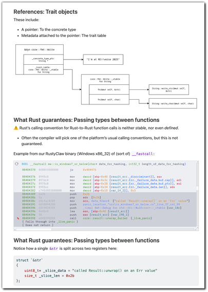 A preview of a guide to Rust reverse engineering and reconstructing data types in Rust binaries. The preview shows the sections: "References: Trait objects", and "What Rust guarantees: Passing types between functions"