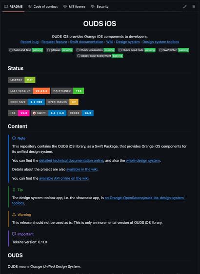 A README file for the OUDS iOS library, providing information on its purpose, licensing, version status, and documentation. It includes sections on the project's current status, technical details, warnings, and links to additional resources. There are GitHub Actions CI/CD badges, hyperlinks, metadata badges and colored sections. The screenshot refers also to a code of conduct, an LIT license and a security policy file.