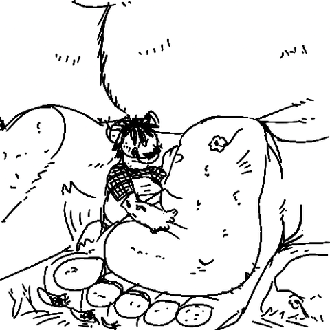 A canine with dreads and spots affectionately and excitedly rubs the kaiju bear's feet paws.