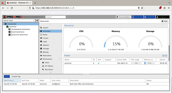 A recently created Proxmox 8.2 install. Proxmox offers a web interface that acts as a centralized control panel for a myriad of virtualization-related functions.