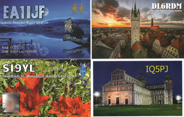 Vier QSL-Karten: oben links: Spanien (Greifvogel auf Baumstumpf über Wasser, dahinter Gebirge); oben rechts: Deutschland (Straubings Altstadt von oben); unten links: Schweden (mehrere Feuerlilien); unten rechts: Italien (Kathedrale von Pisa, dahinter der Schiefe Turm).