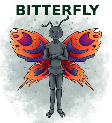 Cartoon style drawing of humanoid butterfly, standing with arms crossed and angry facial expression. This butterfly has gray body and orange wings with purple patterns and smaller yellow dots. There is a big text "bitterfly" above its head.