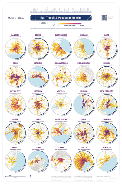 poster showing 25 maps, each of a different city, with each showing a 1km grid of population density overlaid by major rail transit routes
