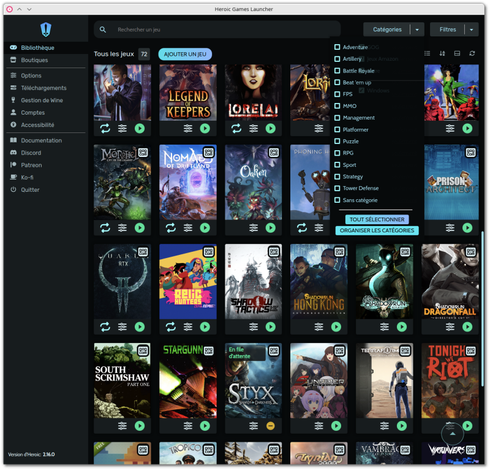 🕶️ Its UI (v. 2.16) showing game covers on the right, menus on the left, and the of personalized filtering feature of the user's game library.

📚️ Heroic Games Launcher is a libre GUI for consulting, installing, playing and maintaining a collection of games obtained from the Epic Games Store, GOG, Amazon Prime, or installed locally. It enables consultation (description, size, playing time, access to the store with or without purchase), installation/uninstallation, launch and update of native or non-native games (via ScummVM, DOSBox, Wine/Proton with possible settings, and support for DXVK, VKD3D, GameMode, Mangohud), and organization of a collection (management of favorites). One of the best interfaces of its kind.