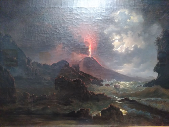 Malerei von Joseph Rebell: Vesuvausbruch bei nacht mit Blick auf die Scuola di Virgilio

Zu sehen ist ein detailreiches Biedermeierbild vom Vesuvausbruch bei Nacht. Der Mond ist hinter den Wolken und beleuchtet Teile der Landschaft