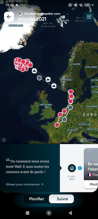 Screenshot de l'application Polarsteps montrant le trajet du voyage nous emmenant de notre maison jusqu'à l'Islande ainsi que le retour.
Chaque point rouge sera accompagné de photos et d'un récit de l'aventure du jour.