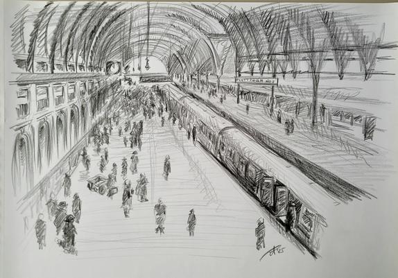 Black and white drawing of an old train station with a quick stroke
