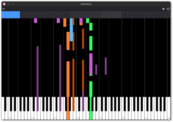 🕶️ A view of its UI while MIDI music is playing. Notes are represented by colored bars (depending on the type of instrument) descending from the top of the screen, corresponding to the notes played. A bar (retractable when the mouse is no longer hovering over it) at the top of the screen displays the song's progress.

📚️ Neothesia is a (fork of Synthesia, and a) libre, multi-platform, GPU-accelerated MIDI visualizer that can be used as an (elegant) MIDI player or to quickly learn to play the piano. It takes musical notes from a midi file as input and displays them as colored blocks falling onto a virtual piano.