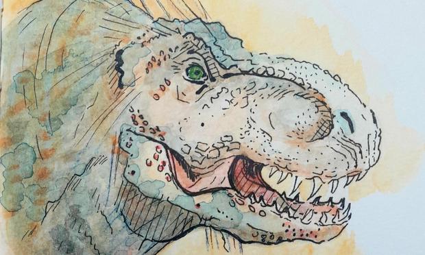 Tyranosaurus head with a hint of feathers in watercolor and ink