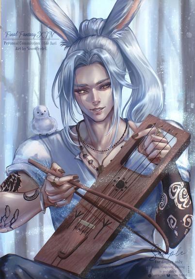 commission fantasy illustration art of viera bunny ears male with light grey hair in ponytail style the character is wol OC from FFXIV final fantasy XIV  ff14 character, he with little bird companion on his right shoulder are playing magic wood talharpa (bowed harp) in winter scene 
art by snowfredel owner Jari 
#snowfredelart