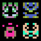 a 2x2 grid of multicolored 8x8 pixel aliens a la space invaders