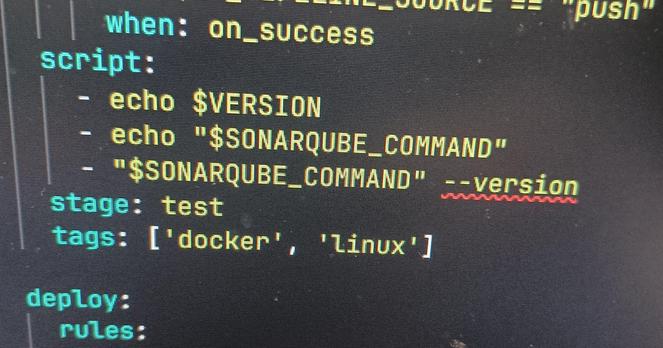 a GitLab CI file with a script in YAML. Two of the lines stand out. The first is a valid string like:

echo "$SONARQUBE_COMMAND"

the second is an invalid line like:

"$SONARQUBE_COMMAND" --version

The second line is invalid because while you don't have to quote strings in YAML, you do have to quote them if the beginning of your string is a quotation mark.