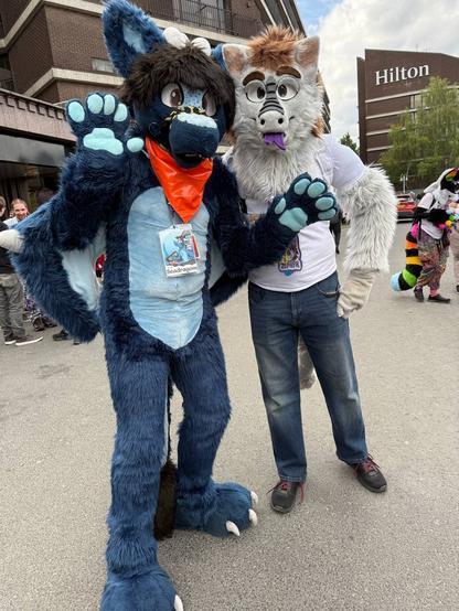 Blue fluffy dragon and white fluffy dragon pose for a photo