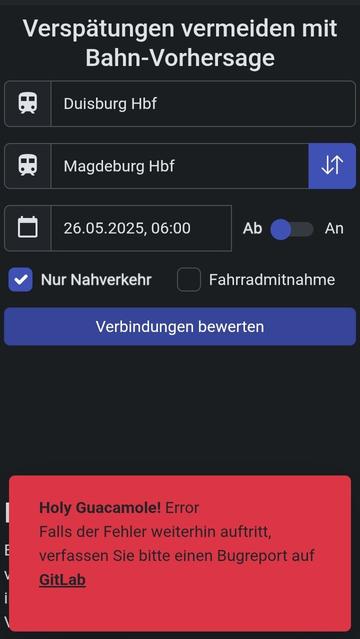 Screenshot aus der Bahnvorhersage-App