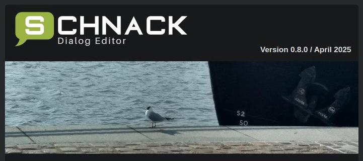 The Schnack Editor logo: the name "Schnack" with the "S" in a green speech bubble. Below it shows a photo of a seagull front of a ship