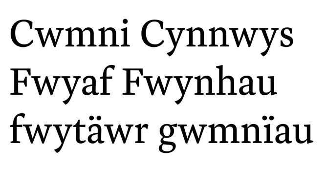 Some Welsh words that appear scattered among my proofing sets: “Cwmni Cynnwys Fwyaf Fwynhau fwytäwr gwmnïau” (set in Haffner Text).

Don’t ask me to pronounce them or what they mean. 😆