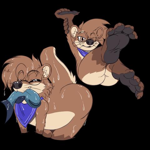 Mao otter reference sheet images! Drawn by Jammer Highwind who did a lovely job on this teapot shaped otter with big webby foot paws.~