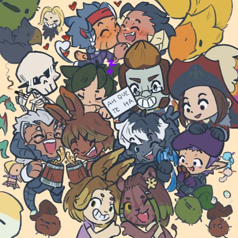 A picture with 11 final fantasy XIV warriors of light doing different poses and a skeleton smoking a cigarette. The several characters are all doing different stuff, like checking some Magic cards or celebrating with a mug full of orange juice.