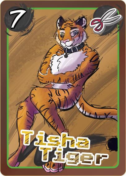 Furry tiger drawn in a card game. The card show "7" and cisors