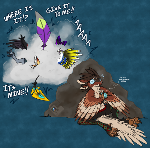 Digital art piece of an Avali character hiding behind a rock and looking very nervous, while holding a singular brain cell. On the other side of the rock is a giant dust pile with various flailling llimbs of other Avali, fighting over the Brain Cell that is no longer in the pile.