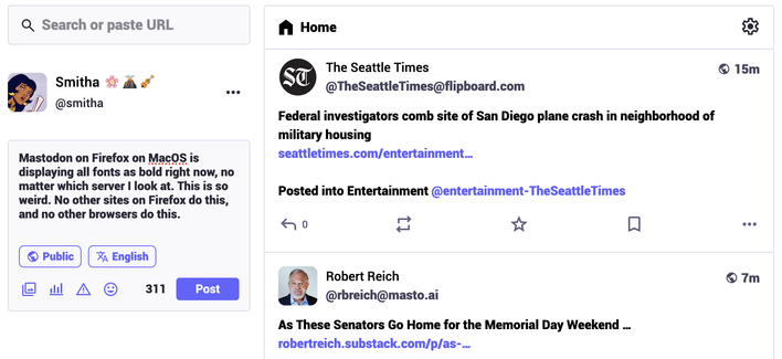 A screenshot of the kind.social Mastodon server in Firefox on MacOS, showing my posting text area with this post typed in it, as well as posts by the Seattle Times and Robert Reich. Nearly all the fonts are bold.