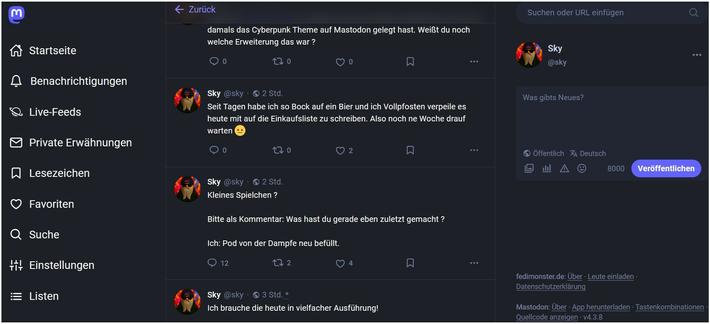 Der Screenshot zeigt die Benutzeroberfläche der Social-Media-Plattform Mastodon im Dunkelmodus auf Deutsch in einer mit der Browsererweiterung "Stylus" modifizierten Version.
