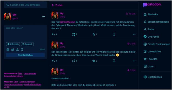 Der Screenshot zeigt die Benutzeroberfläche der Social-Media-Plattform Mastodon im Cyberpunk-Design. Die Darstellung ist im Dunkelmodus mit kontrastreichen Neonfarben gehalten: hauptsächlich Cyanblau, Magenta und Violett auf dunkelblauem Hintergrund.