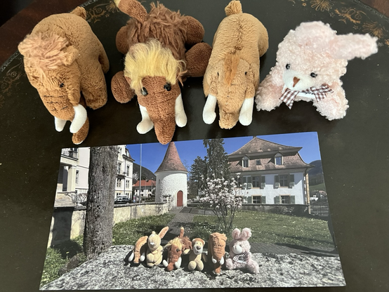 Die drei plüschigen Mammuts  und ein plüschiger Hase mit der Karte. Motiv sind die vier plüschigen mit Ludwig und Hopps vor einem Schloss